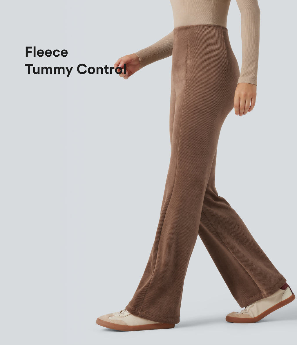Ribbed Knit High Waisted Tummy Control Fleece Casual Flared Trousers — Pecan Pie — view 1