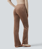 Ribbed Knit High Waisted Tummy Control Fleece Casual Flared Trousers — Pecan Pie — view 2