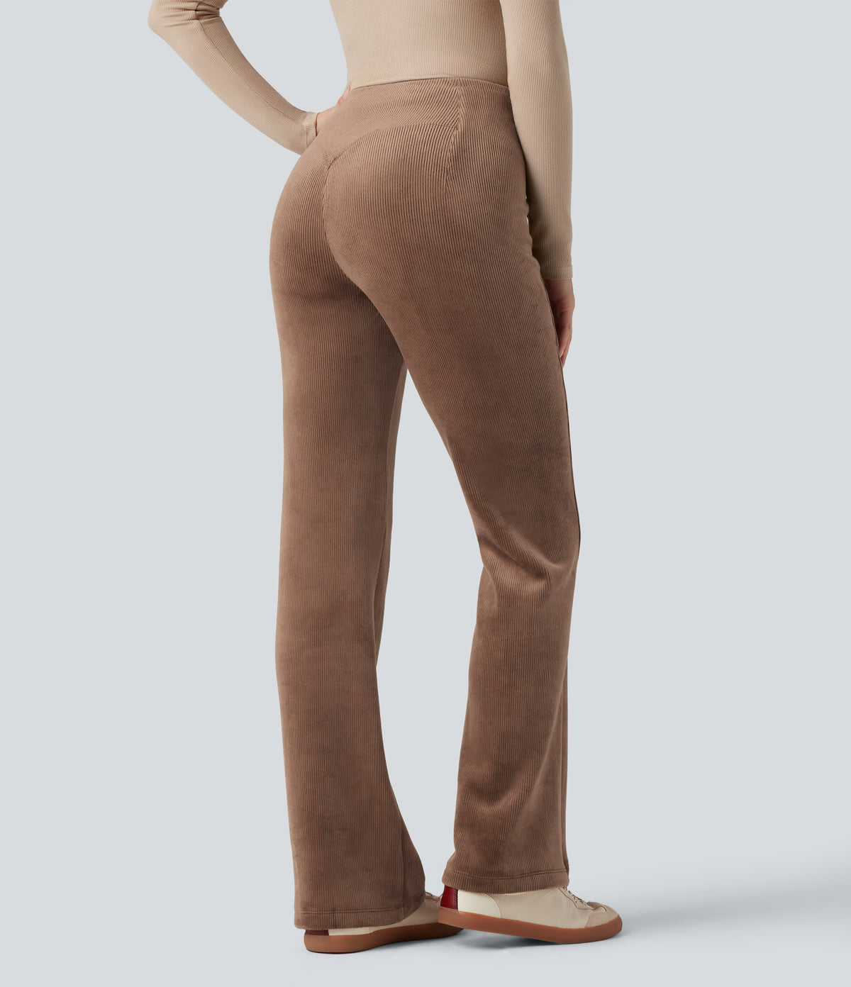 Ribbed Knit High Waisted Tummy Control Fleece Casual Flared Trousers — Pecan Pie — view 2