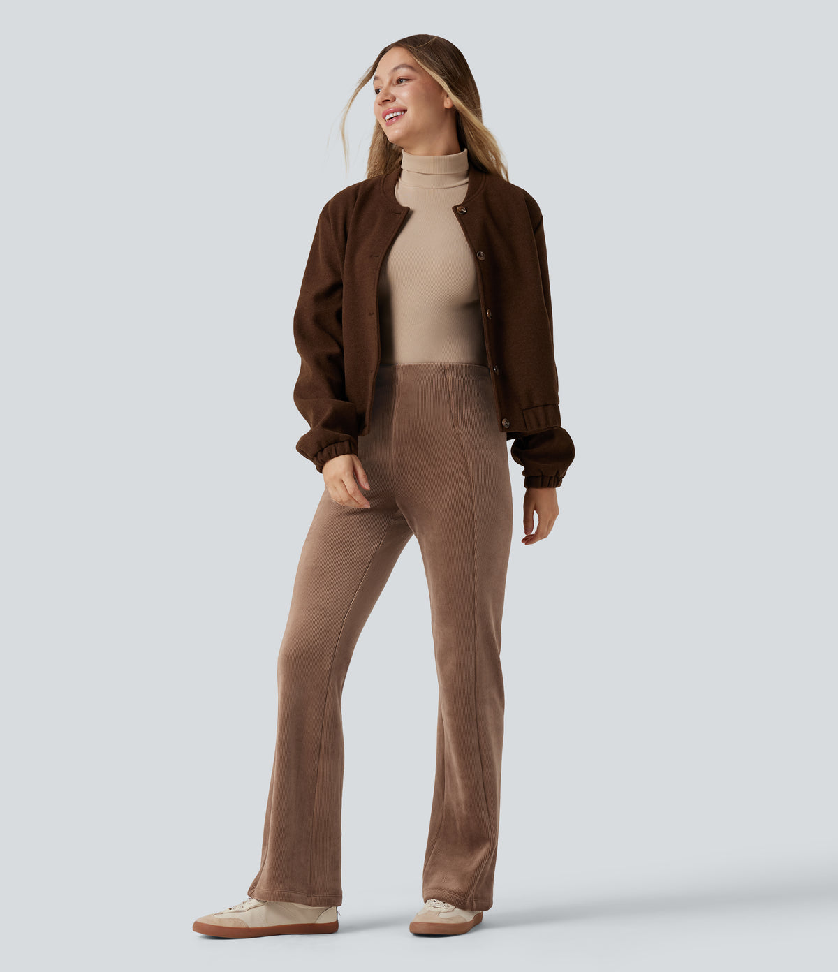 Ribbed Knit High Waisted Tummy Control Fleece Casual Flared Trousers — Pecan Pie — view 6
