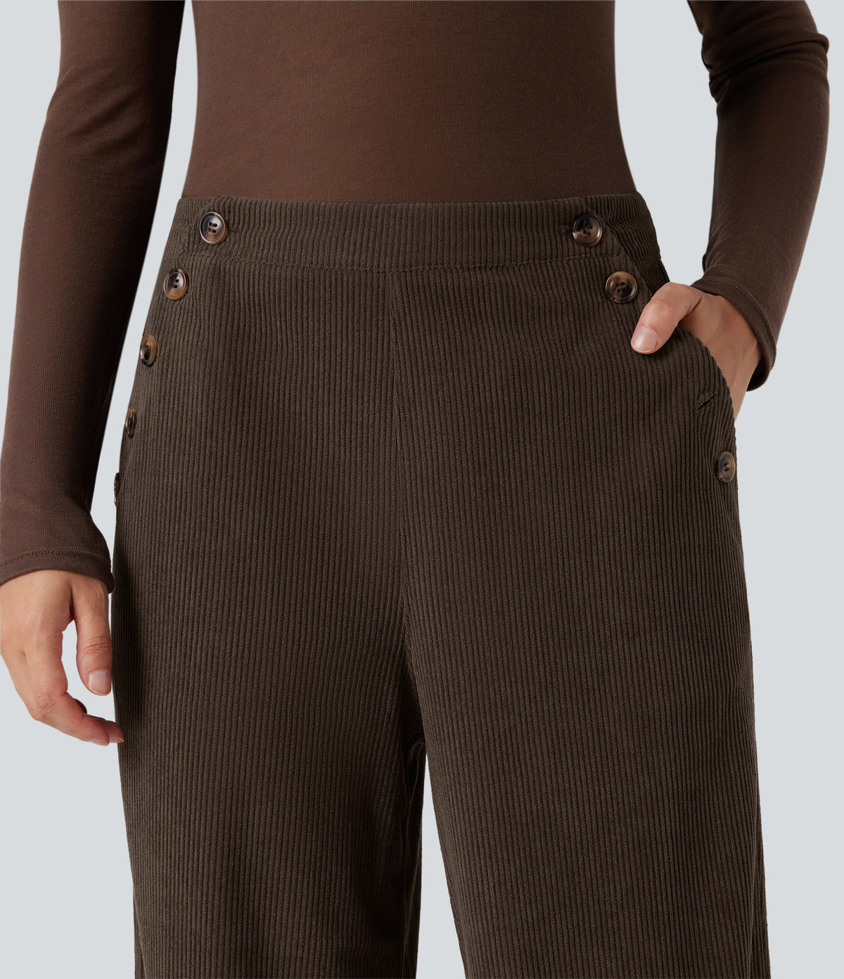 High Waisted Straight Leg Corduroy Casual Trousers with Pockets — Demitasse — view 4