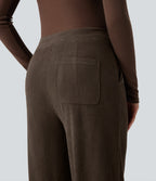 High Waisted Straight Leg Corduroy Casual Trousers with Pockets — Demitasse — view 5