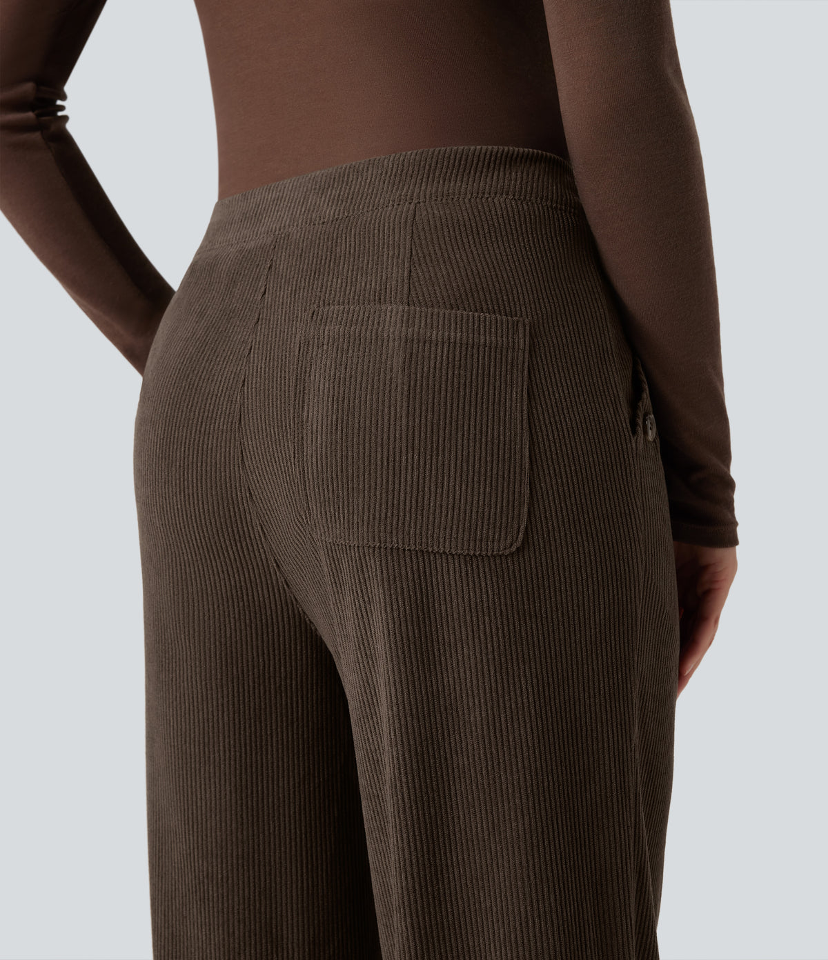 High Waisted Straight Leg Corduroy Casual Trousers with Pockets — Demitasse — view 5
