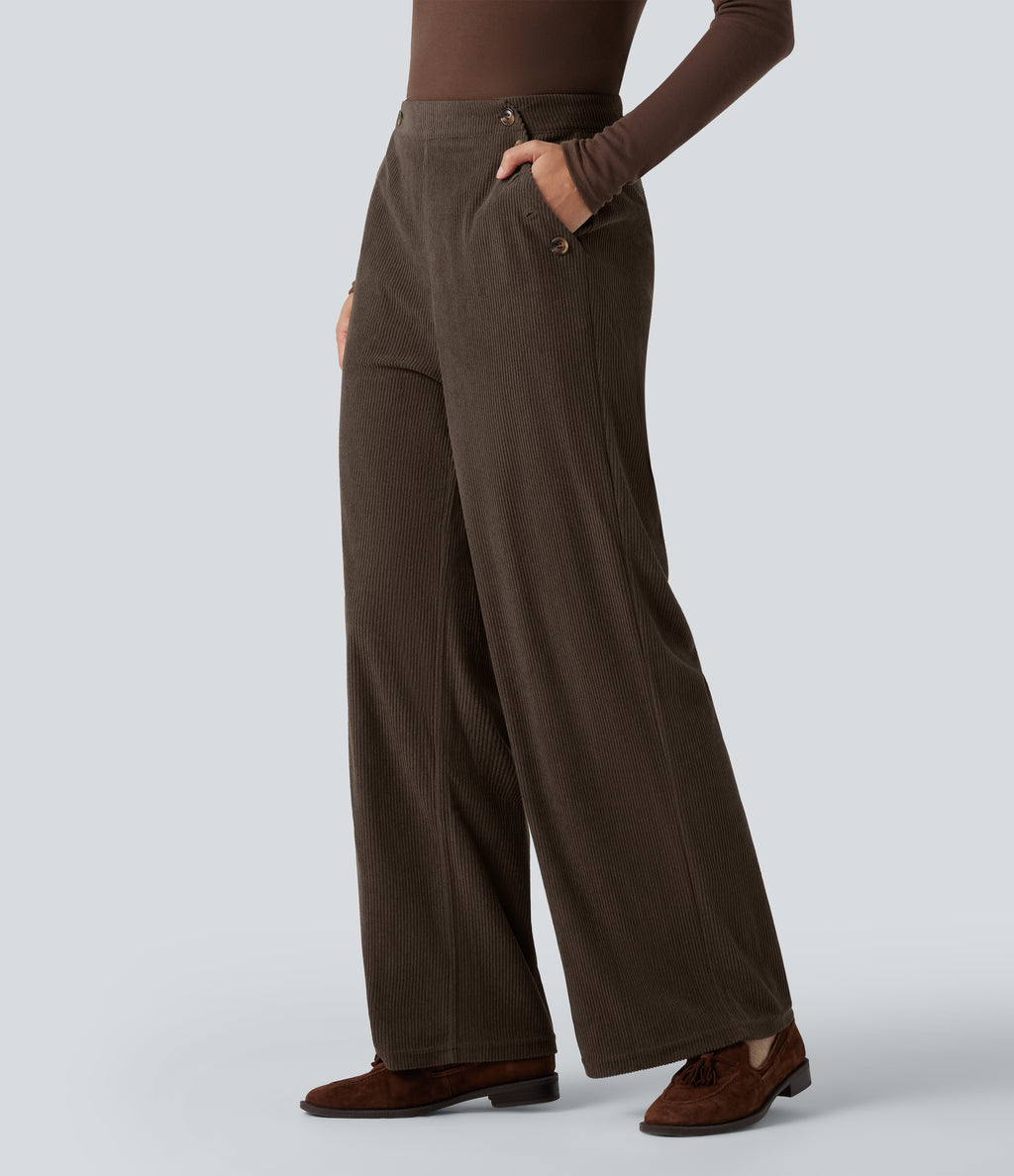 High Waisted Straight Leg Corduroy Casual Trousers with Pockets — Demitasse — view 3