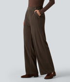 High Waisted Straight Leg Corduroy Casual Trousers with Pockets — Demitasse — view 3