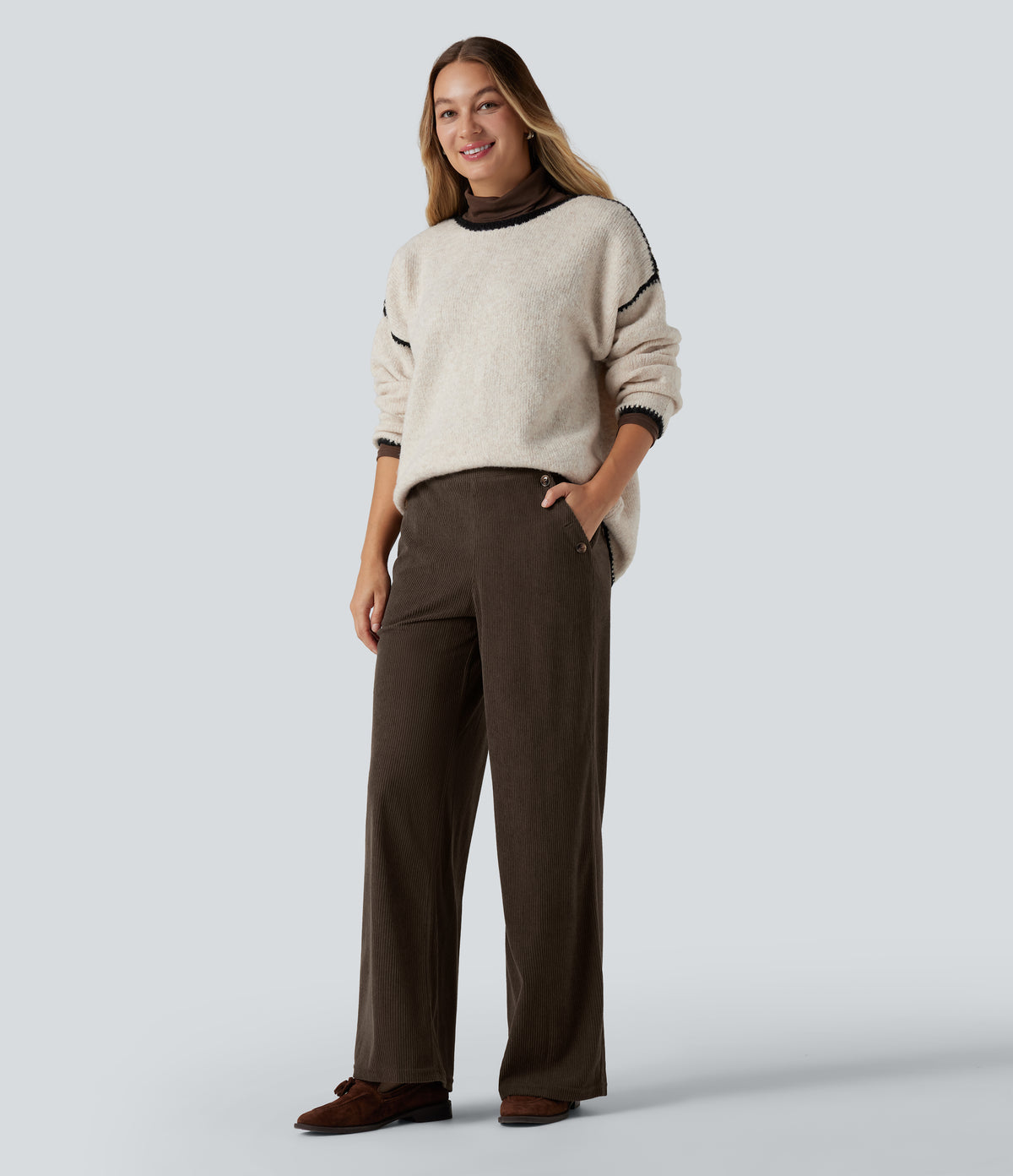 High Waisted Straight Leg Corduroy Casual Trousers with Pockets — Demitasse — view 6