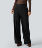 High Waisted Straight Leg Corduroy Casual Trousers with Pockets — Black — view 7