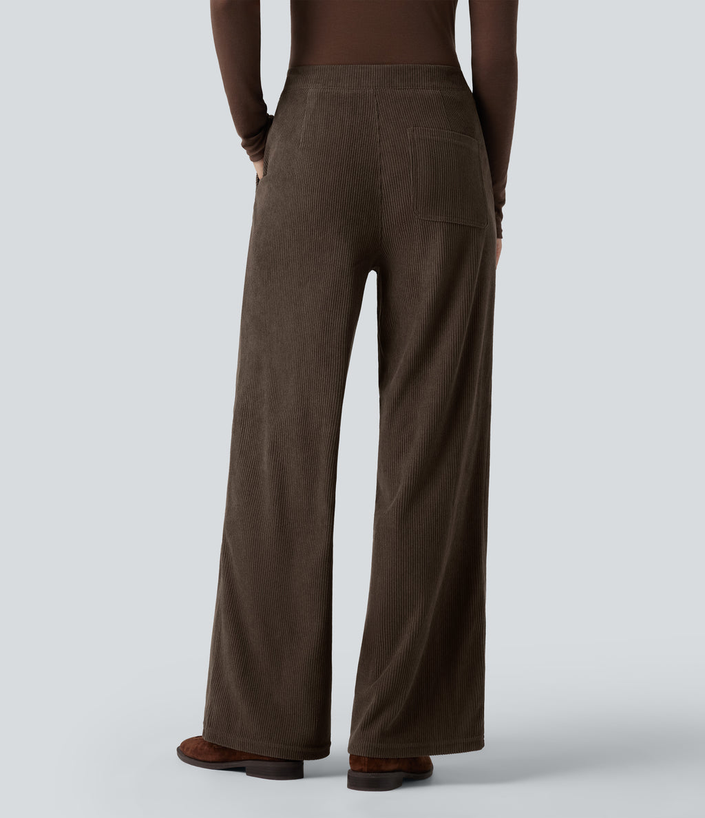High Waisted Straight Leg Corduroy Casual Trousers with Pockets — Demitasse — view 2