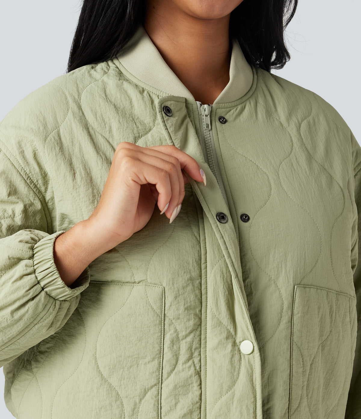 High Collar Long Sleeve Casual Bomber Quilted Jacket with Pockets — Seedling — view 4