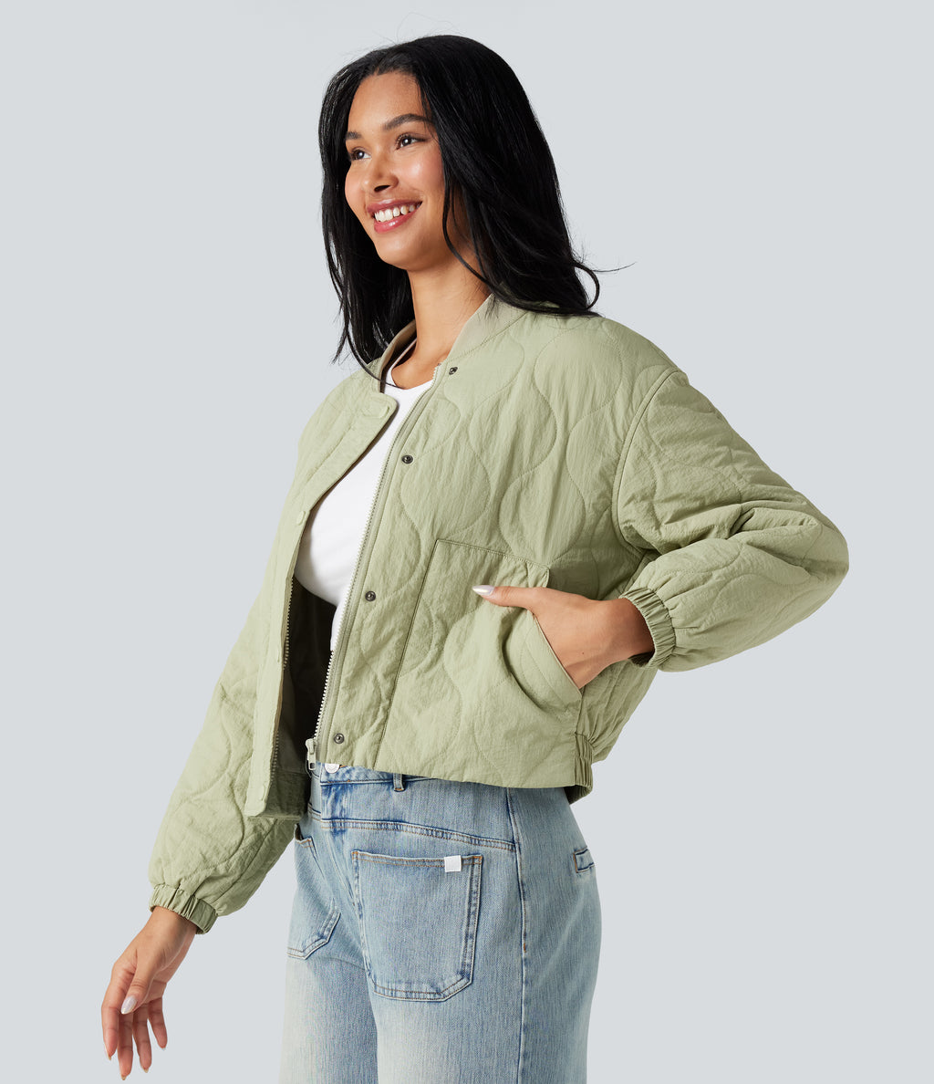 High Collar Long Sleeve Casual Bomber Quilted Jacket with Pockets — Seedling — view 3