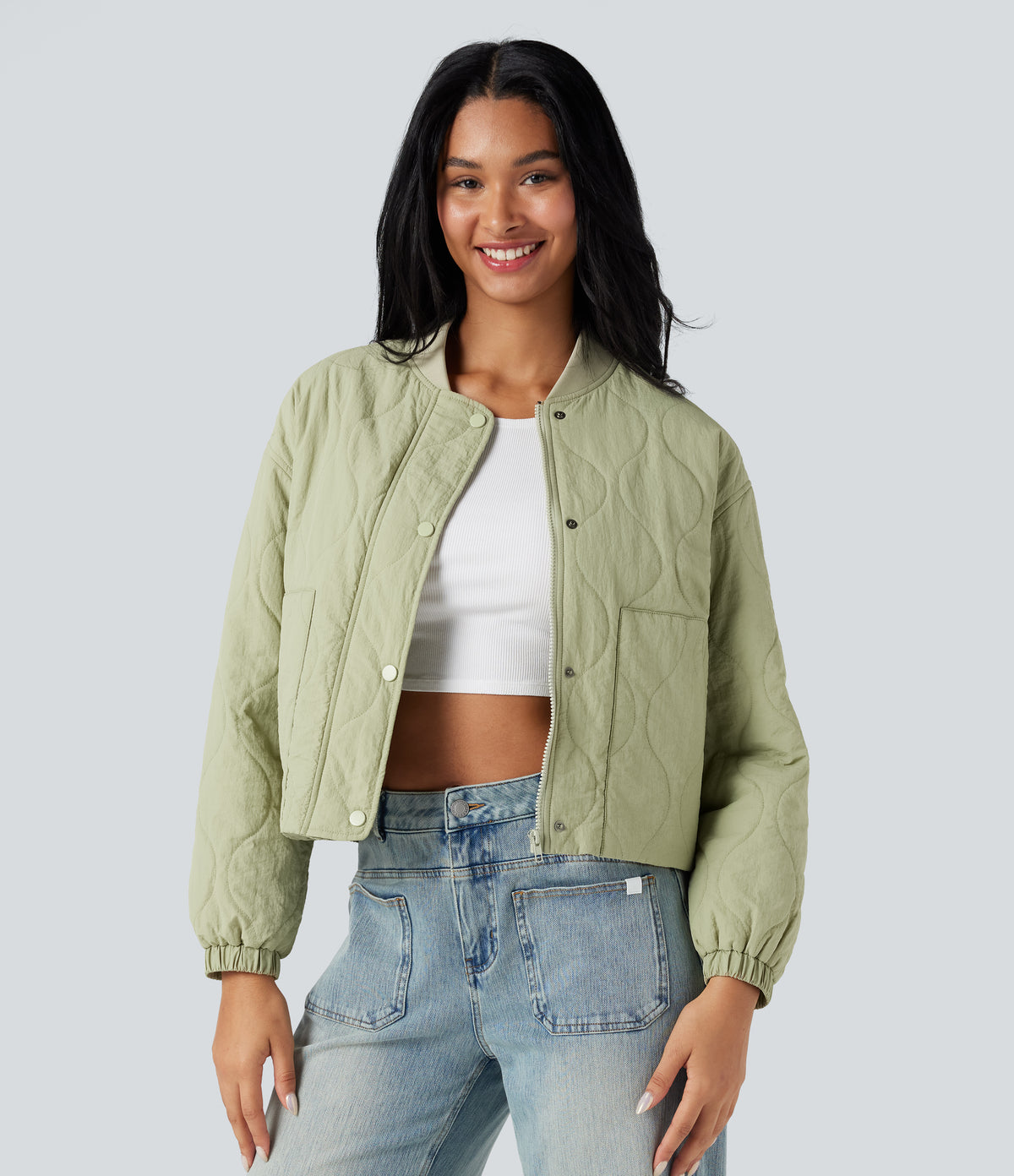 High Collar Long Sleeve Casual Bomber Quilted Jacket with Pockets — Seedling — view 1