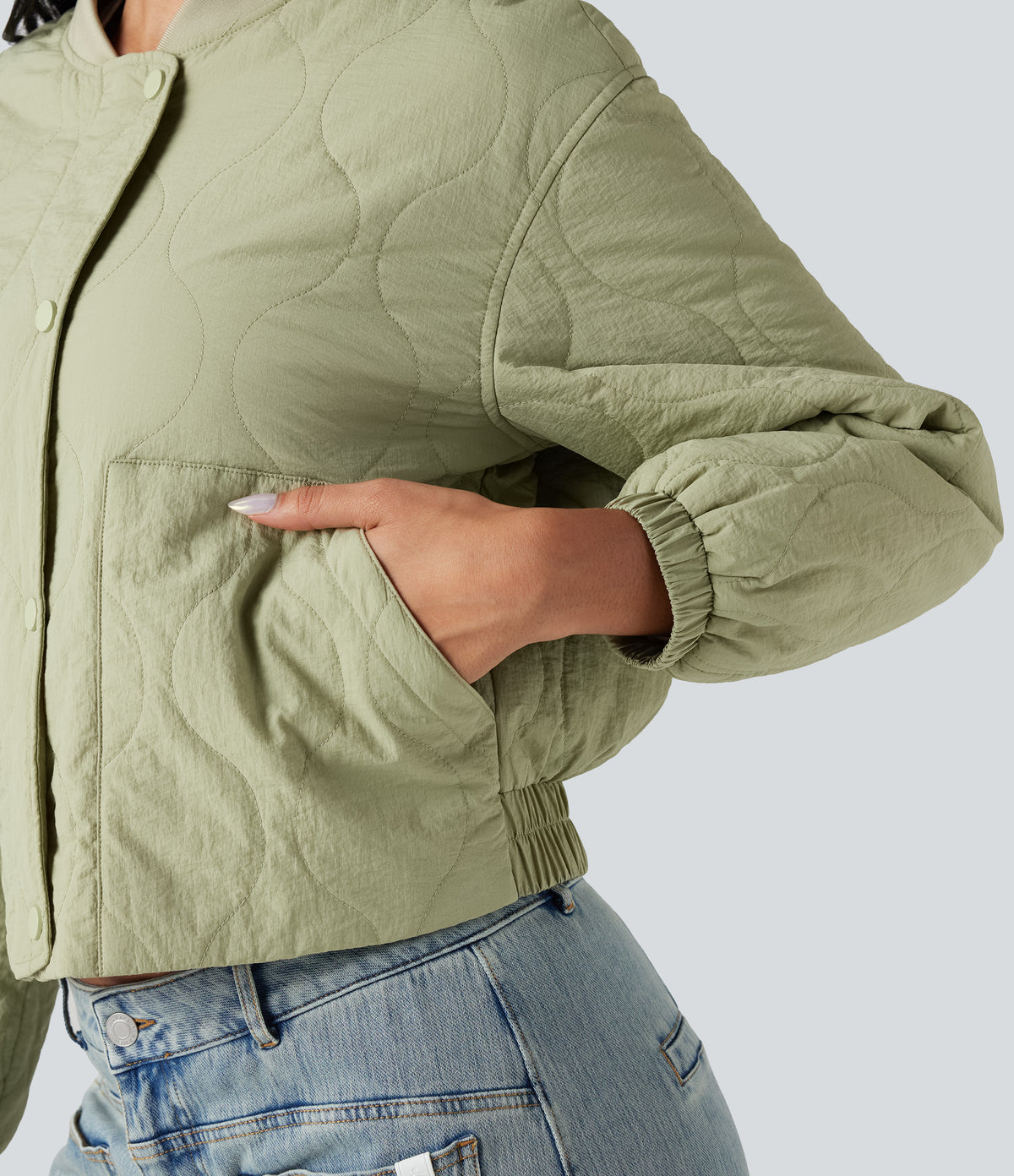 High Collar Long Sleeve Casual Bomber Quilted Jacket with Pockets — Seedling — view 5