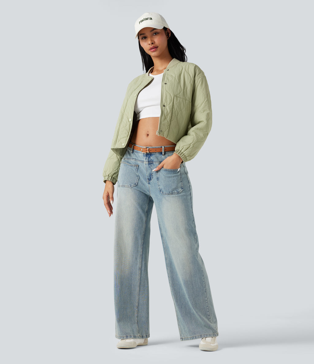 High Collar Long Sleeve Casual Bomber Quilted Jacket with Pockets — Seedling — view 6