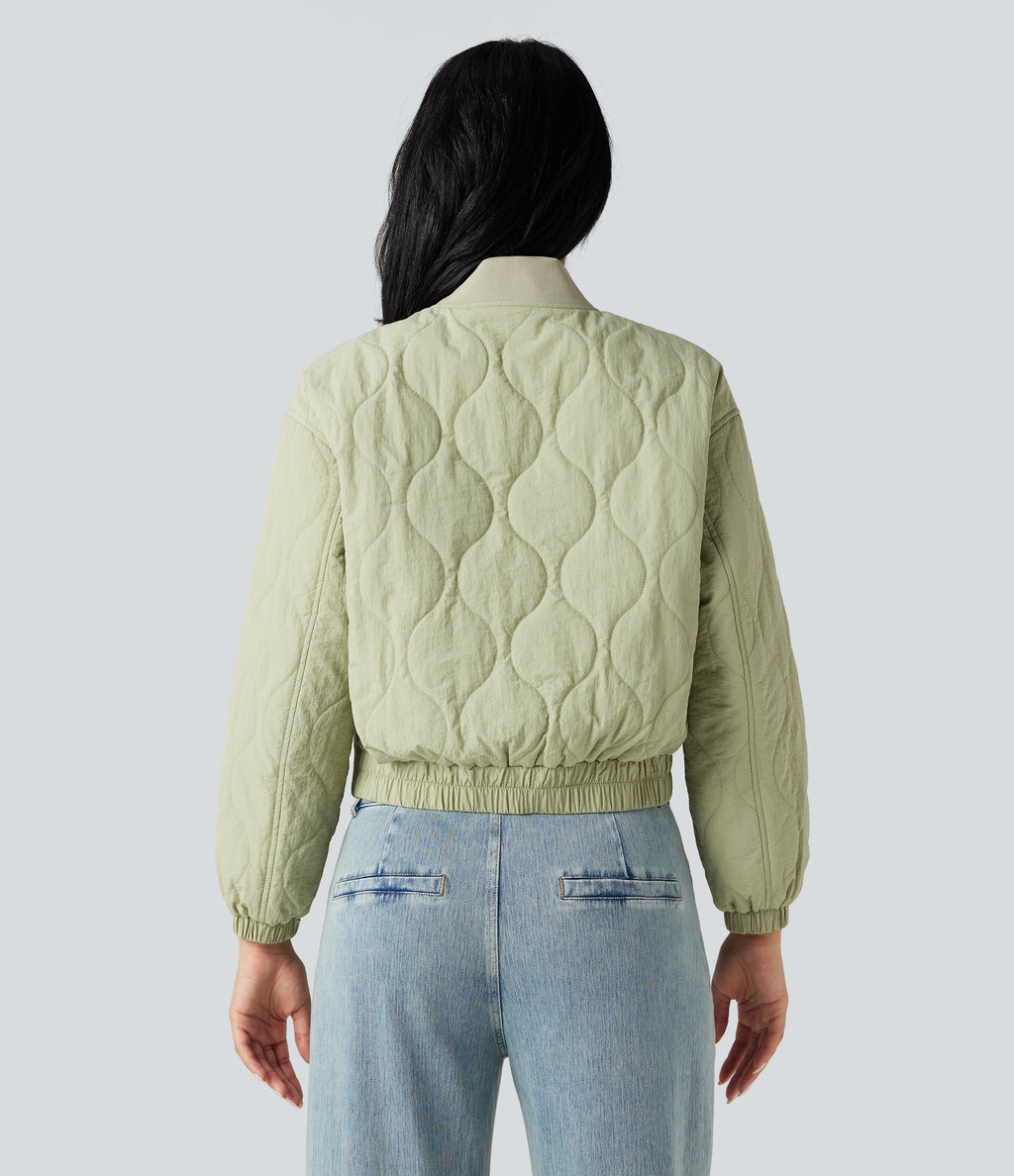 High Collar Long Sleeve Casual Bomber Quilted Jacket with Pockets — Seedling — view 2