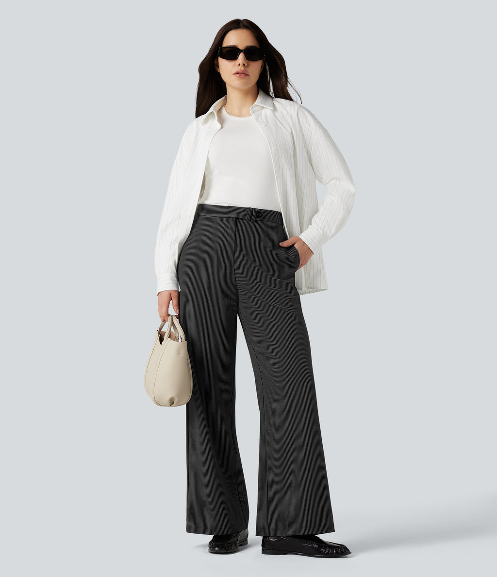 High Waisted Straight Leg Stripe Work Trousers with Pockets — Black — view 8