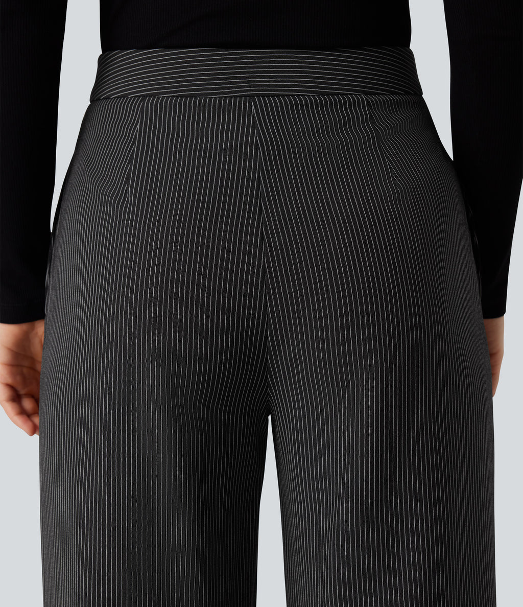 High Waisted Straight Leg Stripe Work Trousers with Pockets — Black — view 5