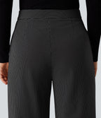 High Waisted Straight Leg Stripe Work Trousers with Pockets — Black — view 5