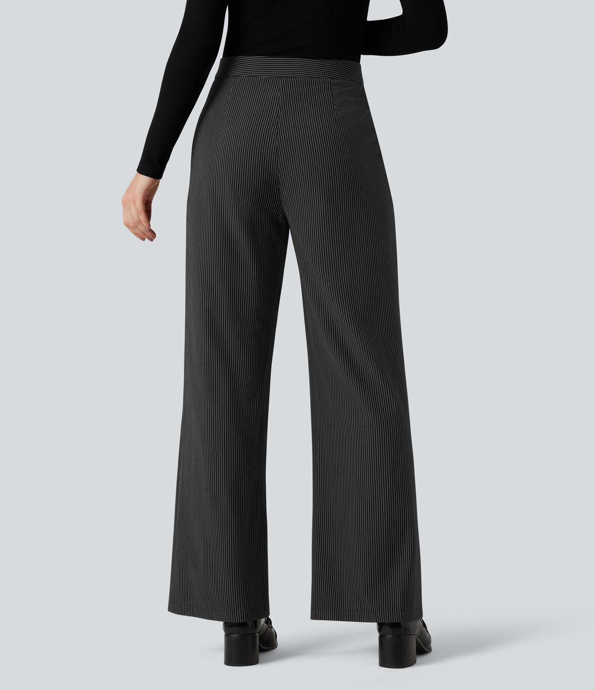 High Waisted Straight Leg Stripe Work Trousers with Pockets — Black — view 2