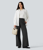 High Waisted Straight Leg Stripe Work Trousers with Pockets — Black — view 7