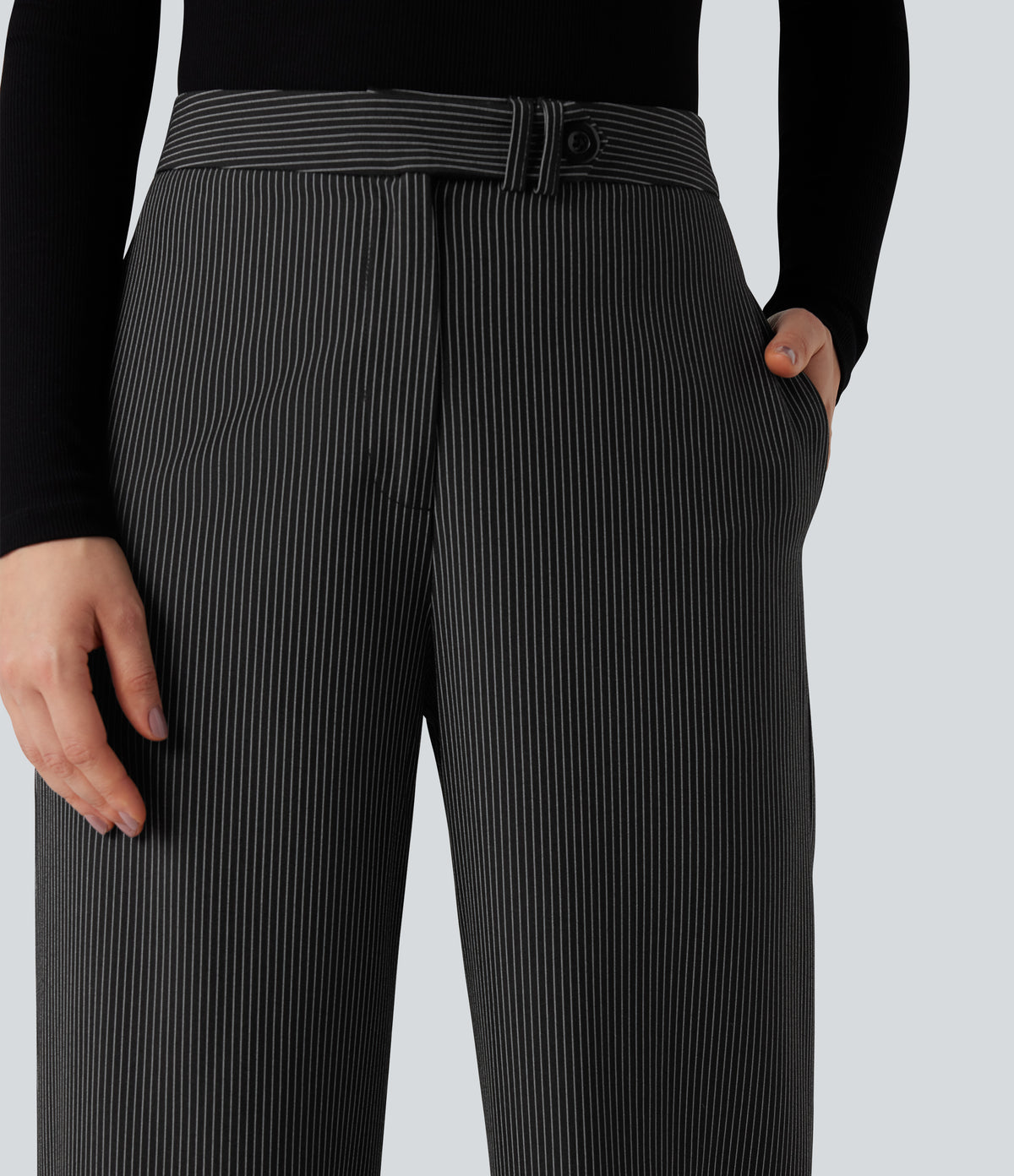 High Waisted Straight Leg Stripe Work Trousers with Pockets — Black — view 4