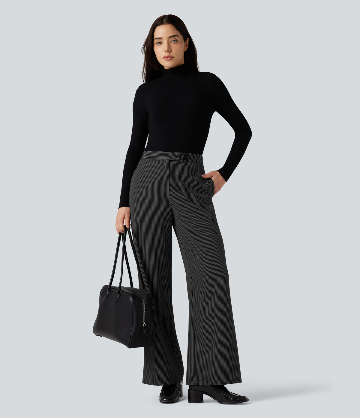 High Waisted Straight Leg Stripe Work Trousers with Pockets — Black — view 6