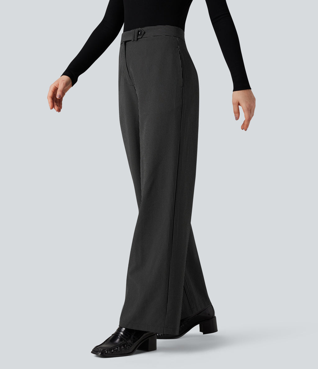High Waisted Straight Leg Stripe Work Trousers with Pockets — Black — view 3