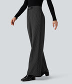 High Waisted Straight Leg Stripe Work Trousers with Pockets — Black — view 3