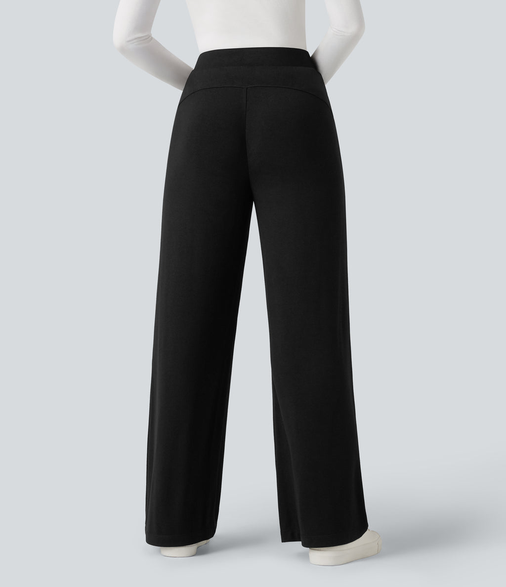 High Waisted Wide Leg Thermal Work Trousers with Pockets — Black — view 2