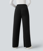 High Waisted Wide Leg Thermal Work Trousers with Pockets — Black — view 2