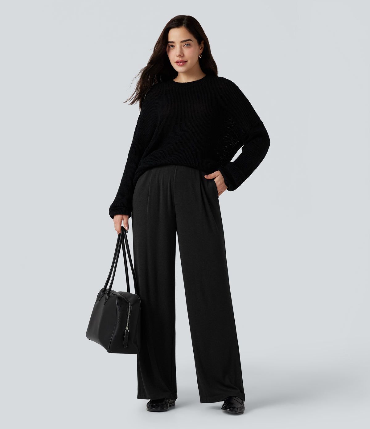 High Waisted Wide Leg Thermal Work Trousers with Pockets — Black — view 8