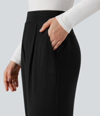 High Waisted Wide Leg Thermal Work Trousers with Pockets — Black — view 6
