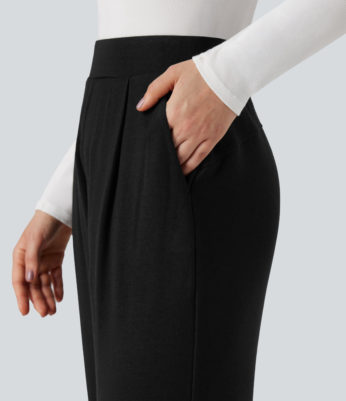 High Waisted Wide Leg Thermal Work Trousers with Pockets — Black — view 6