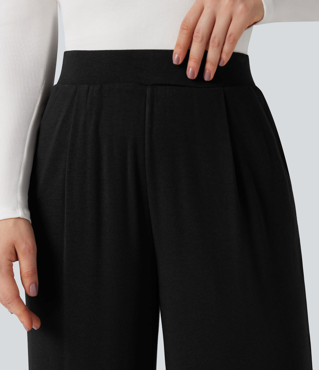 High Waisted Wide Leg Thermal Work Trousers with Pockets — Black — view 4