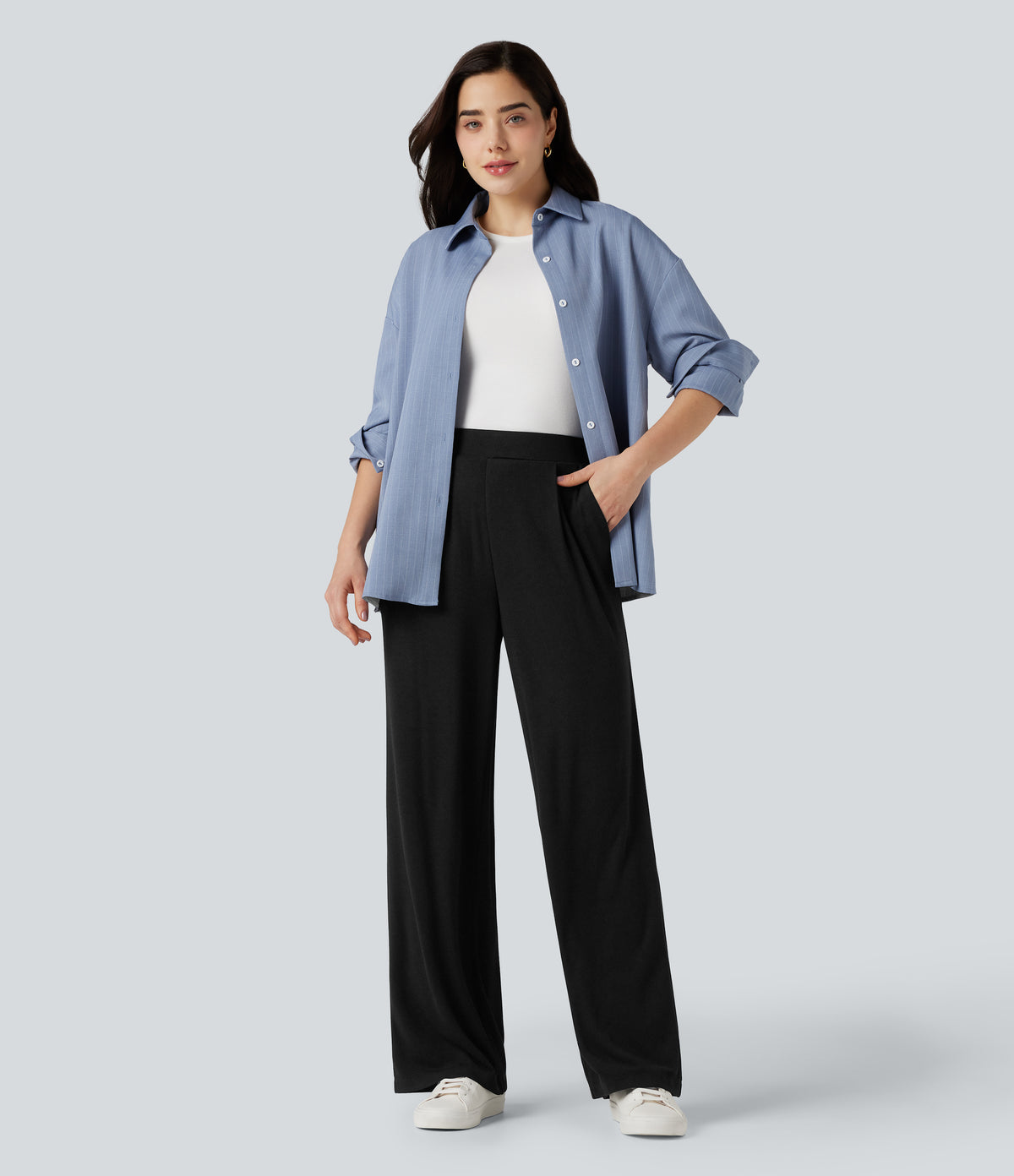 High Waisted Wide Leg Thermal Work Trousers with Pockets — Black — view 7