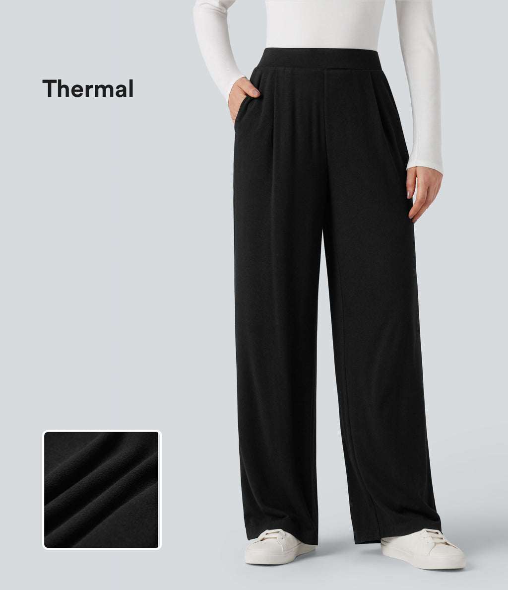High Waisted Wide Leg Thermal Work Trousers with Pockets — Black — view 1