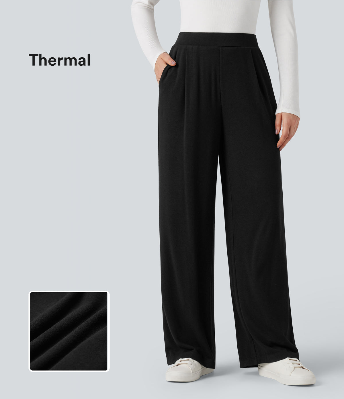 High Waisted Wide Leg Thermal Work Trousers with Pockets — Black — view 1