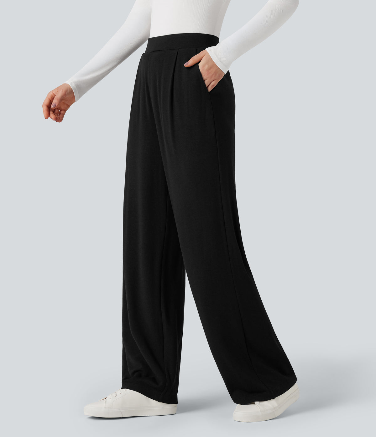 High Waisted Wide Leg Thermal Work Trousers with Pockets — Black — view 3