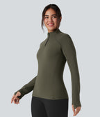 Stand Collar Half Zip Long Sleeve Thumb Hole Fleece Hiking Sports Top — Lone Pine Green — view 3