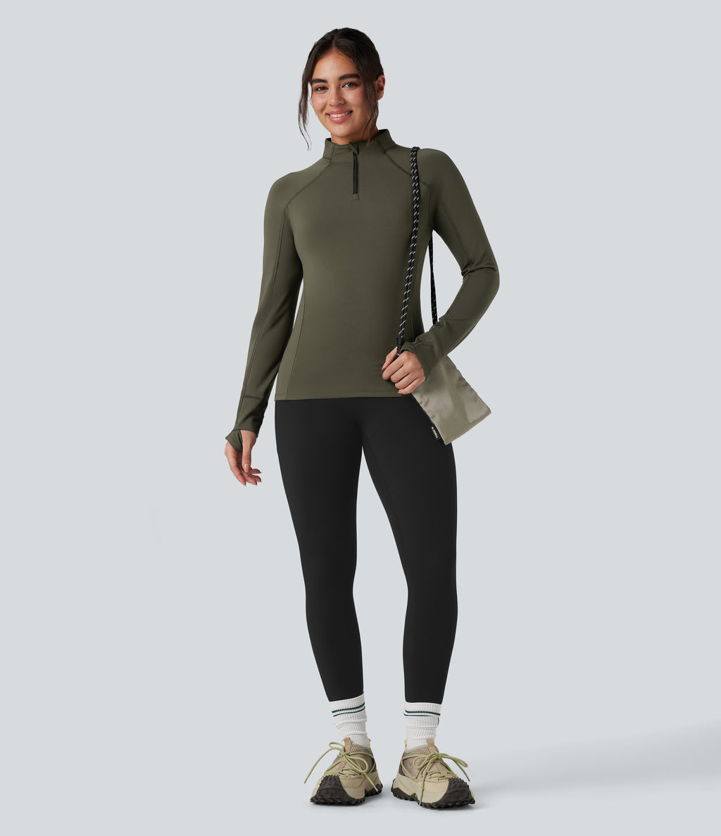 Stand Collar Half Zip Long Sleeve Thumb Hole Fleece Hiking Sports Top — Lone Pine Green — view 6