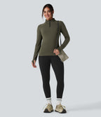 Stand Collar Half Zip Long Sleeve Thumb Hole Fleece Hiking Sports Top — Lone Pine Green — view 6