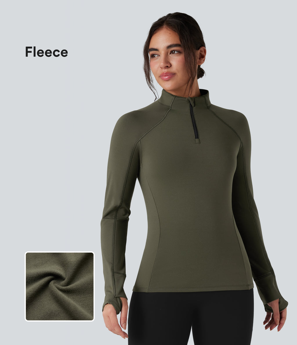Stand Collar Half Zip Long Sleeve Thumb Hole Fleece Hiking Sports Top — Lone Pine Green — view 1