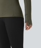 Stand Collar Half Zip Long Sleeve Thumb Hole Fleece Hiking Sports Top — Lone Pine Green — view 5