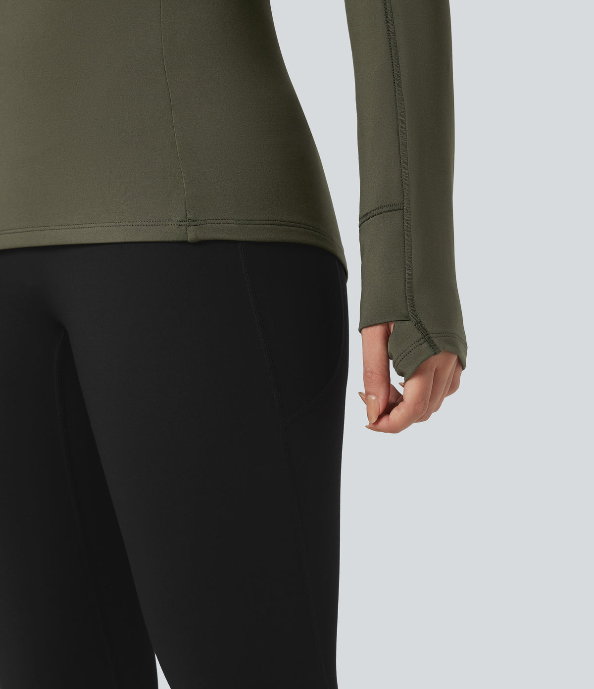 Stand Collar Half Zip Long Sleeve Thumb Hole Fleece Hiking Sports Top — Lone Pine Green — view 5