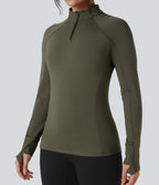 Stand Collar Half Zip Long Sleeve Thumb Hole Fleece Hiking Sports Top — Lone Pine Green — view 4