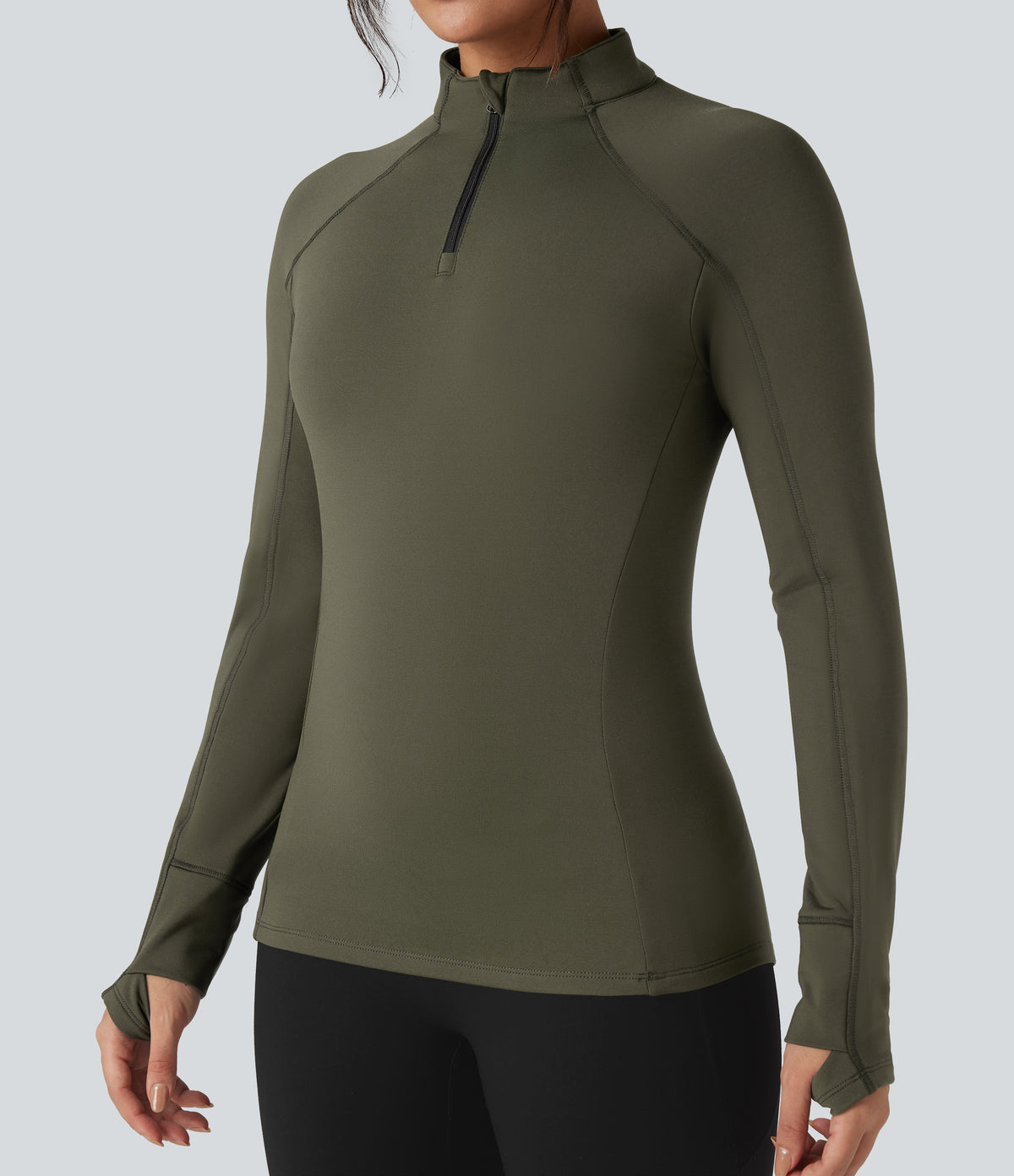 Stand Collar Half Zip Long Sleeve Thumb Hole Fleece Hiking Sports Top — Lone Pine Green — view 4