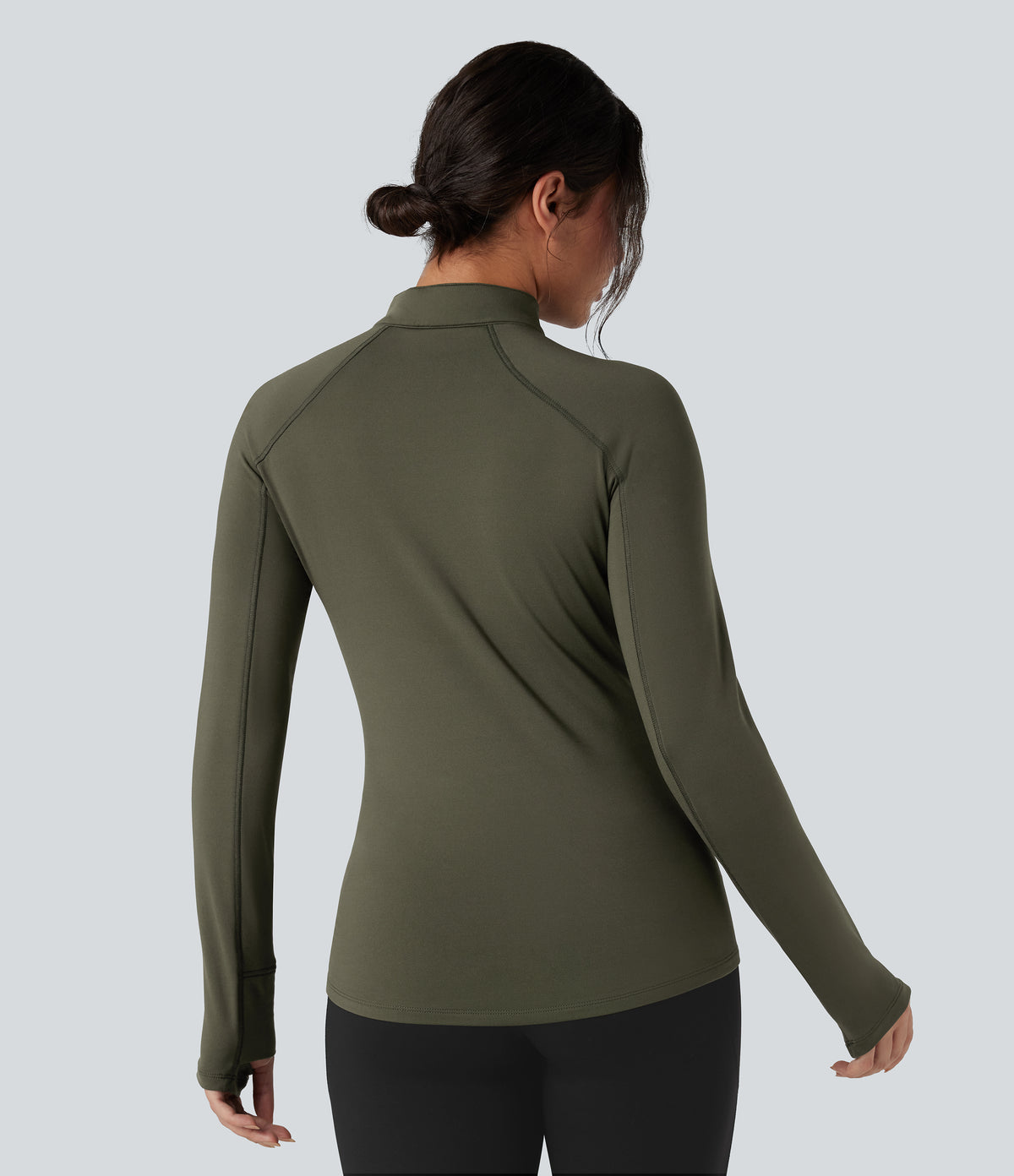 Stand Collar Half Zip Long Sleeve Thumb Hole Fleece Hiking Sports Top — Lone Pine Green — view 2