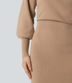 Boat Neck Long Sleeve Bodycon Mini Work Jumper Dress — Camel — view 5