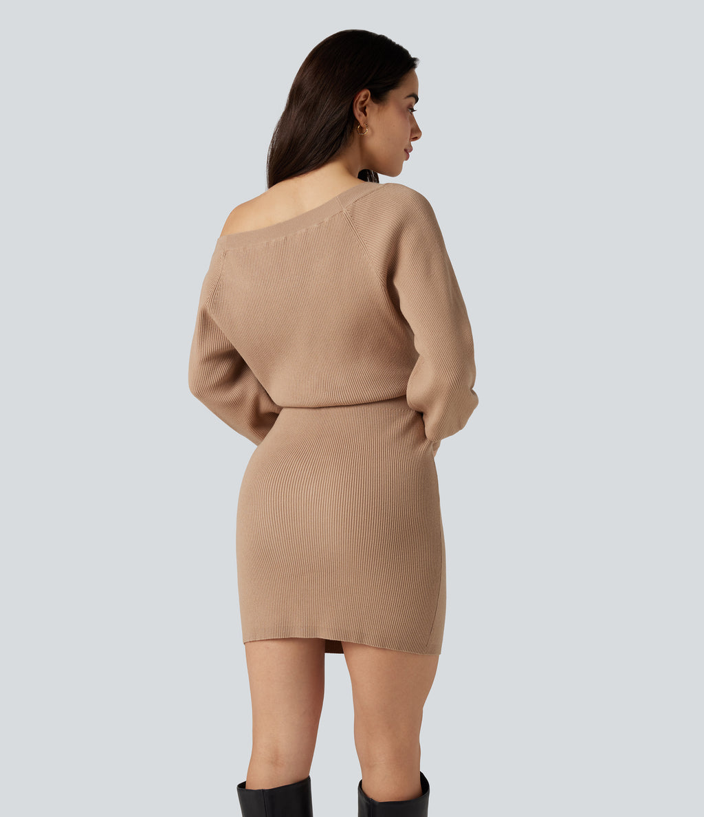 Boat Neck Long Sleeve Bodycon Mini Work Jumper Dress — Camel — view 2