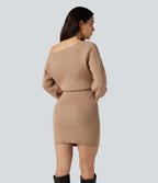 Boat Neck Long Sleeve Bodycon Mini Work Jumper Dress — Camel — view 2