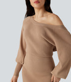 Boat Neck Long Sleeve Bodycon Mini Work Jumper Dress — Camel — view 4